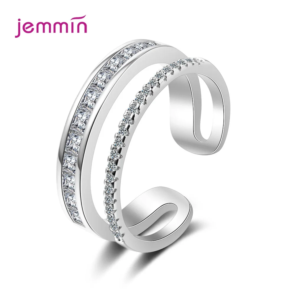 Simple 925 Sterling Silver Double Layers Crystal Zircon Open Adjustable Rings for Women Girls Anniversary Party Jewelry Gifts