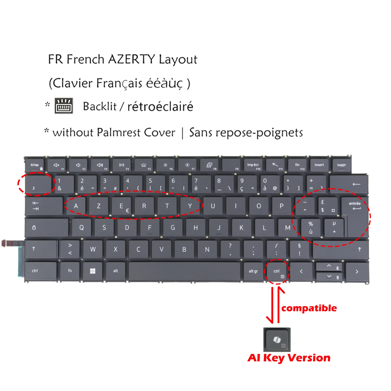 Backlight Keyboard For Dell 04RKM4 SG-B4020 Inspiron 5445 5440 5441 7440 7445 7640,14 Plus 7440 7441,16 Plus 7640, French AZERTY