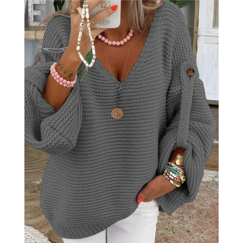 Elegant Knitted V Neck Sweater Autumn Winter Women's Button Long Sleeve Pullover Casual Fashion Warm Commuter Solid Color Top