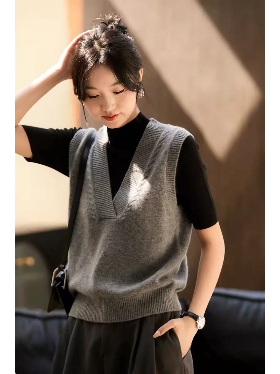 

Ретро Европейский Sle V-Ne Camere вязаный жилет женская свободная простая верхняя одежда шерстяной свитер с подплечниками осень-зима