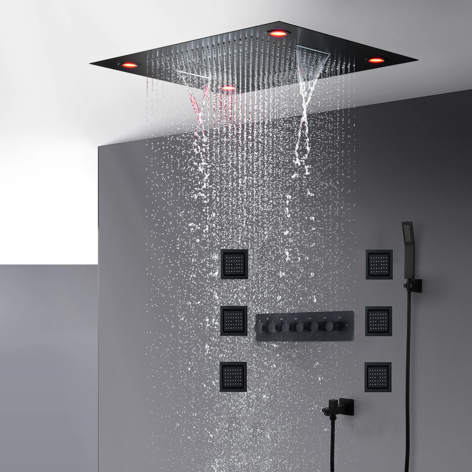 hm High Quality LED Shower System 24x31 Inches Rain Waterfall Bath Black Set Thermostatic Mixer Valve Faucet Massage Body Jets