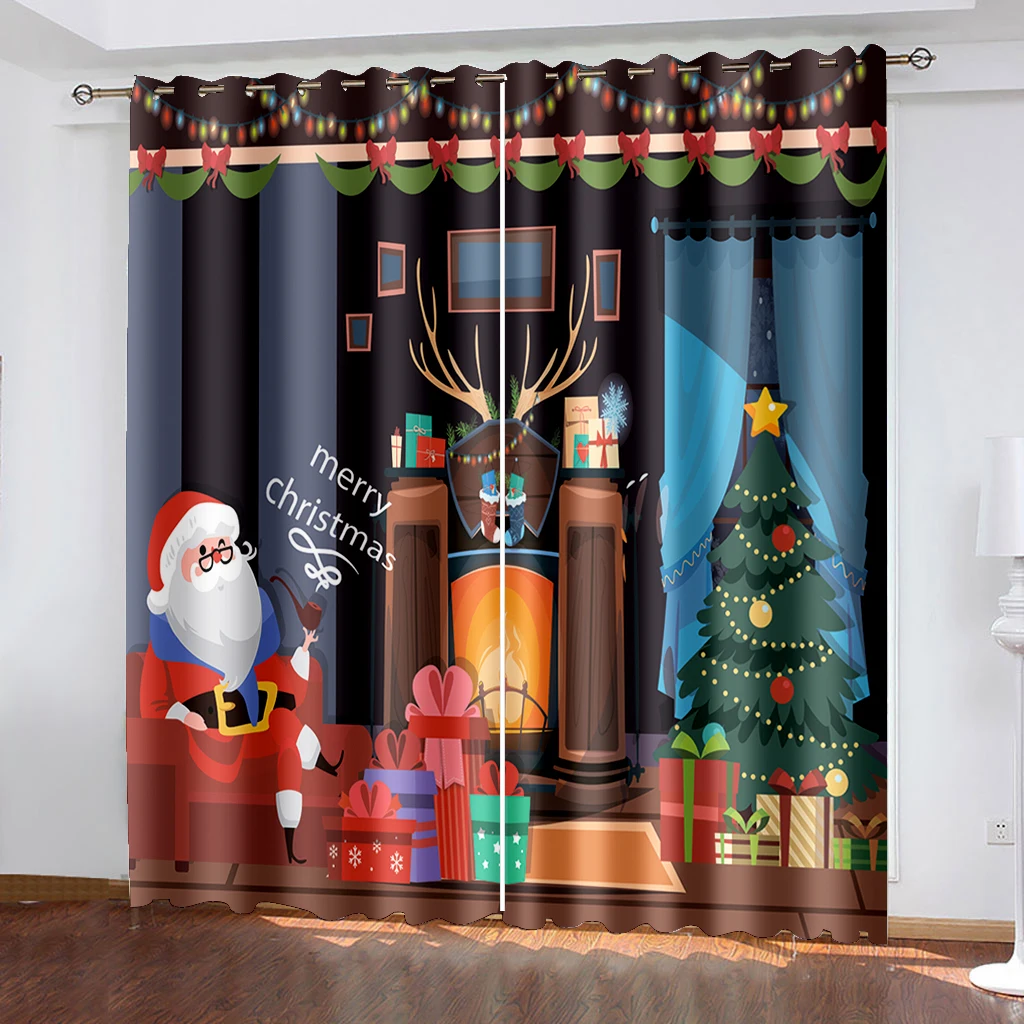 

Christmas Decoration Curtain 3D Cartoon Santa Claus Christmas Tree Polyester Cloth Curtain Snowman Pattern Festive Atmosphere