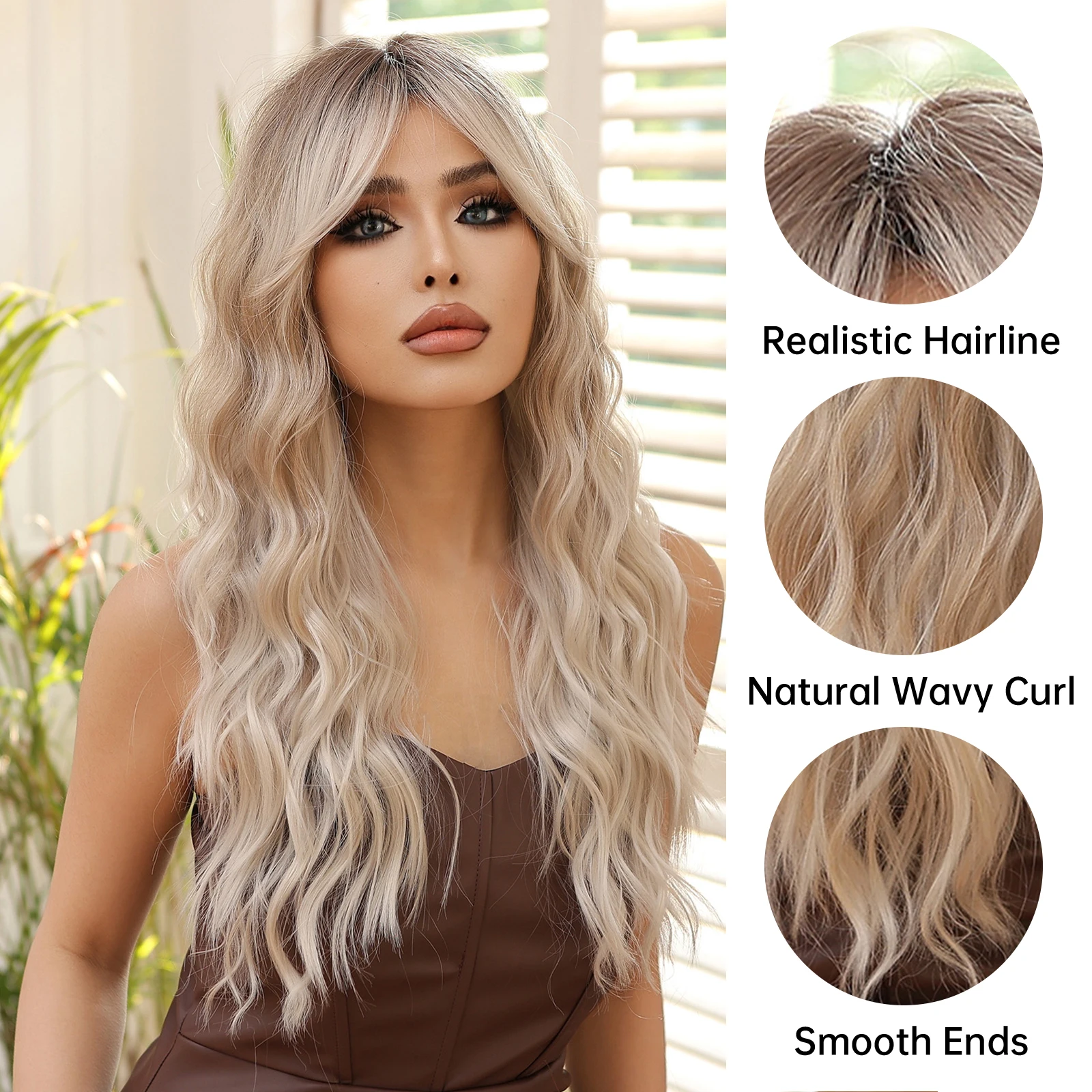 Light Blonde Ombre Synthetic Wigs for Women Long Wavy Wig with Bangs Dark Root Body Wave Wig Daily Party Heat Resistant Hair