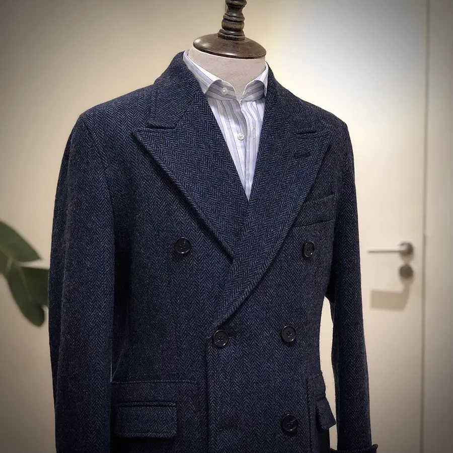 

Men's Autumn/Winter Mid-Length Coat Suits Herringbone Double-Breasted British-Style Trench Blazers Lapel Tweed Navy Blue Jacket