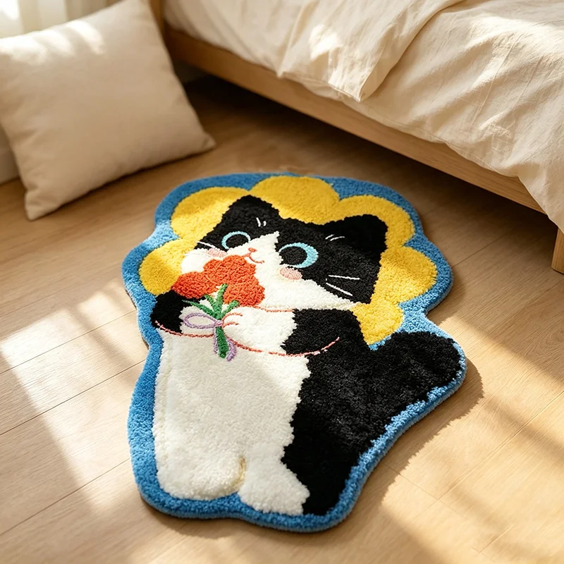 VIKAMA Cute Black White Cat Holding Flower Irregular Floor Mat Fluffy Non Slip Absorbent Rug Bathroom Bedroom Home Decor