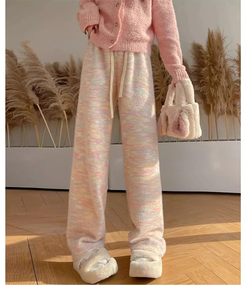 

Радужные вязаные брюки женские, осень-зима 2022, новые брюки с высокой талией, ленивые драпированные прямые повседневные широкие брюки на флисовой подкладке