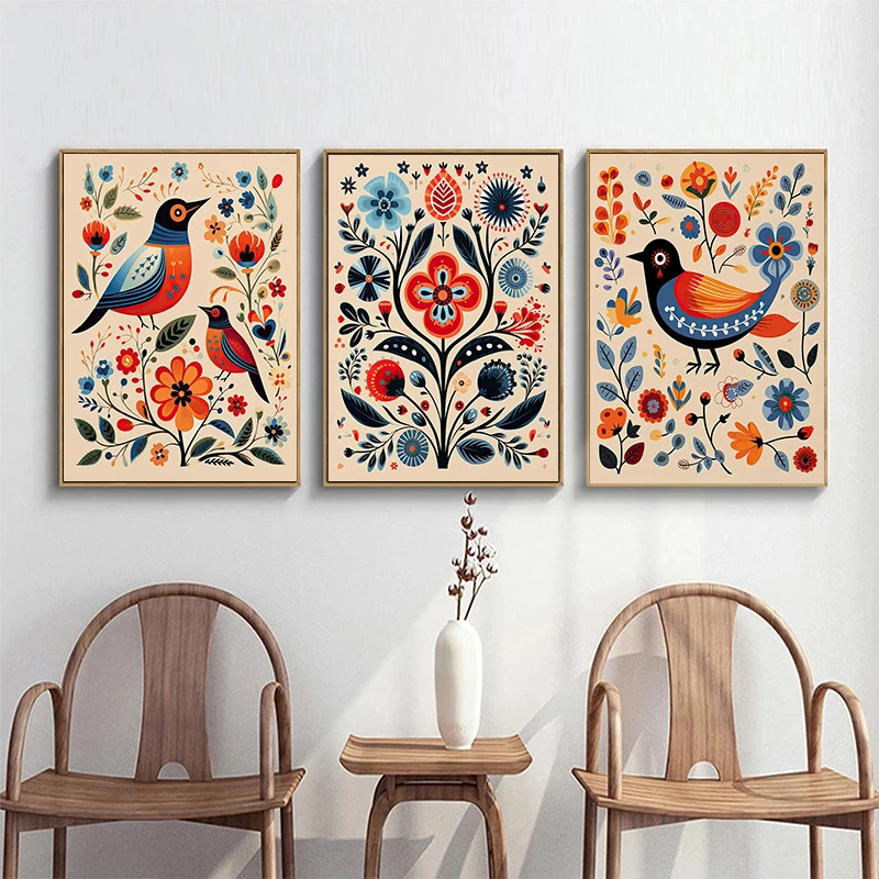 Norwegian Folk Art Floral Bird Poster Nordic Print Abstract Diamond Painting Scandinavian Wall Art Picture Living Room Home De
