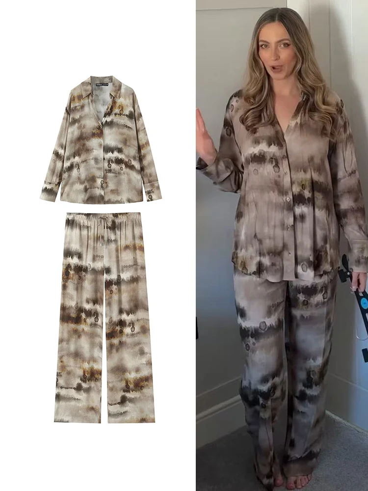 

TFMLN Women's Tie Dye Printed Shirts Suit Fashion Elastic Waist Wide Leg Pants Set 2025 Casual Long Sleeve Shirt Street Outfit