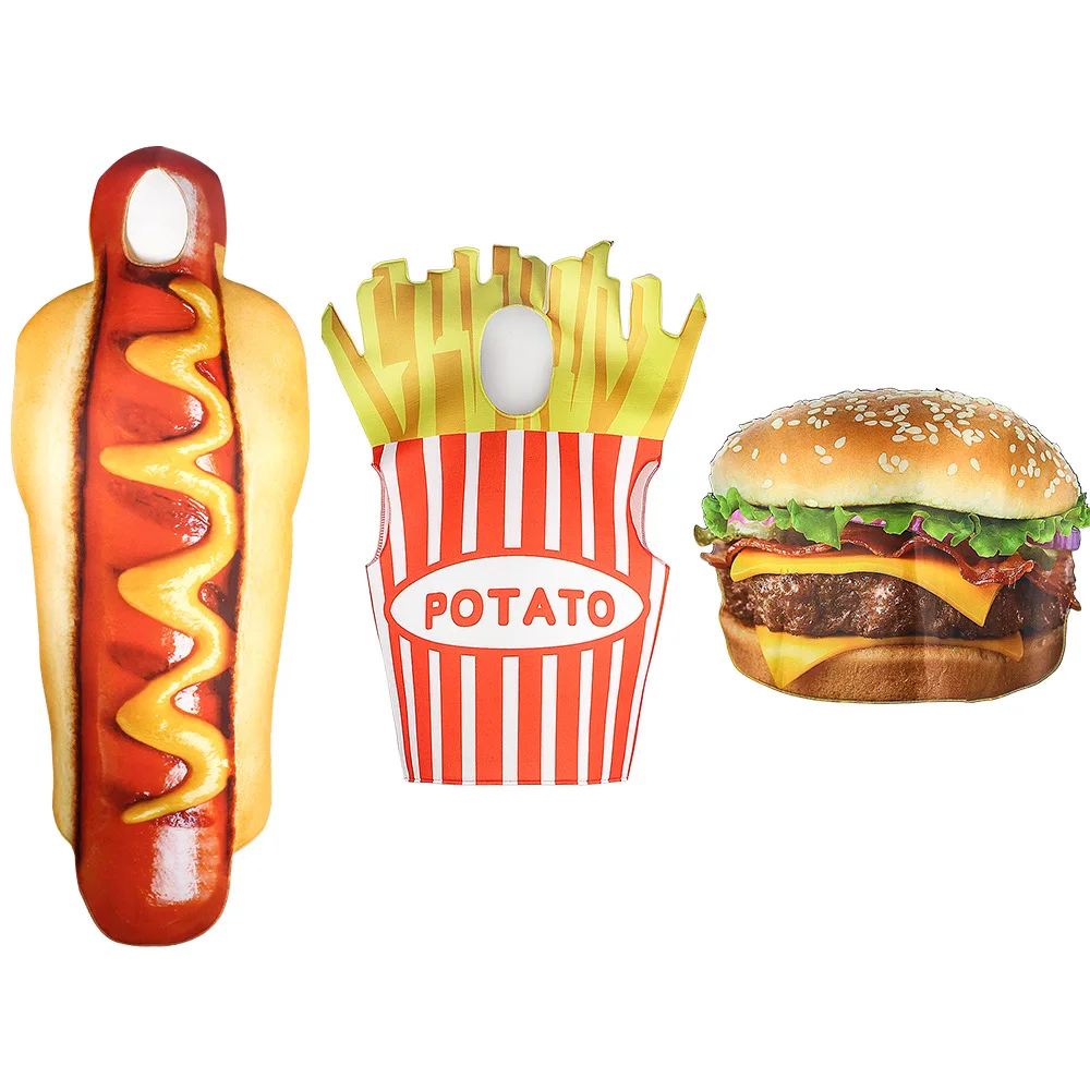 Hot Dog Costumes for Adult Funny 3D Print Halloween French Fries Hamburger Men Women One-Piece Costume Carnival Jumpsuit