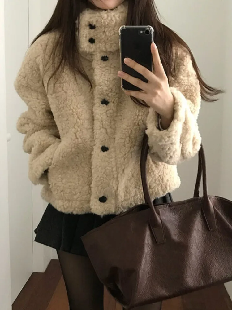 Chici الخريف الشتاء ort Thiened فرو الضأن Jaet الوقوف طوق الكورية Sle معطف المرأة للحرم الجامعي الشارع Sle السفر