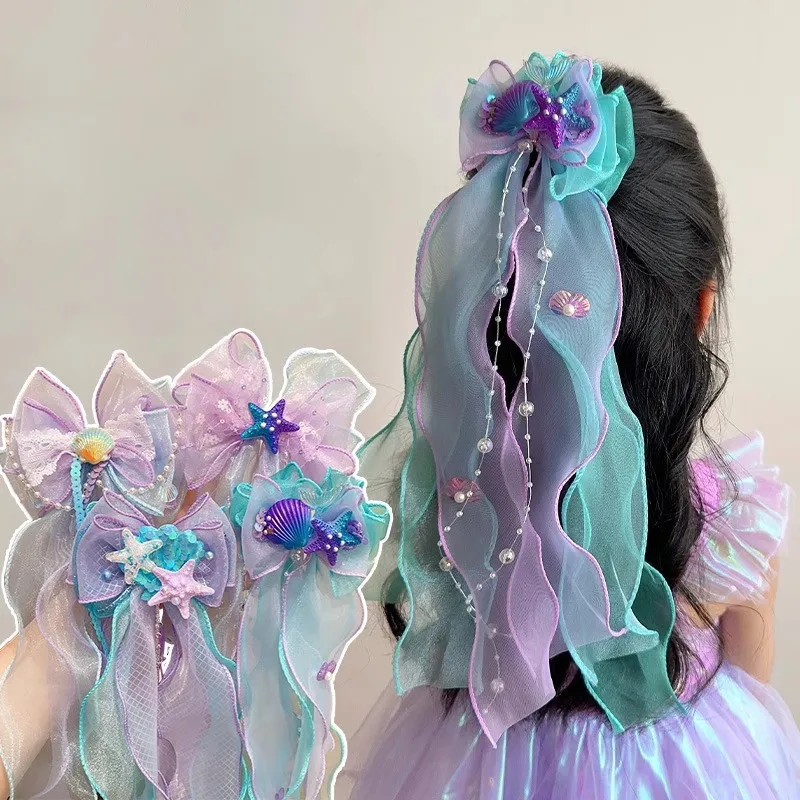 

Mermaid Ribbon Clip Colorful Ribbon Gradient Pearl Tassel Back Of The Head Hairpin Hair Accessories