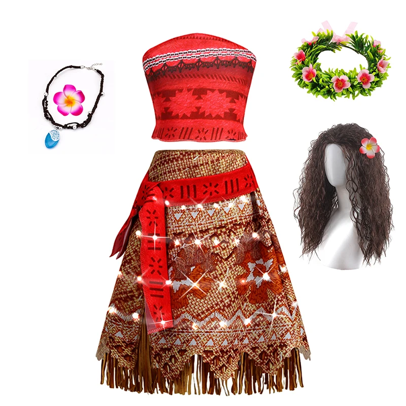 Glowing Moana Vaiana Dress Girls Adult Cosplay LED Light Up Moana princess Dress Fancy Carnival Party Clothes Girls Birthday 16T