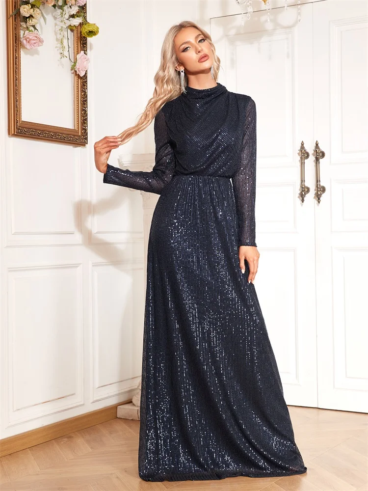 Lucyinlove-Robe de Soirée de Forme Sirène pour Femme, Tenue de Cocktail, Manches sulf, Col Haut, Bleu, Paillettes, Luxe