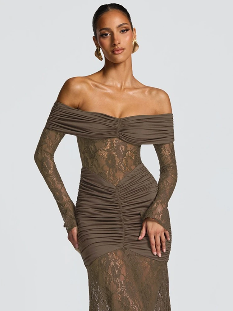 XIAOTANG-maxivestido Sexy de manga larga con hombros descubiertos para mujer, vestido de encaje transparente sin tirantes y espalda descubierta, vestidos de fiesta ajustados para discoteca