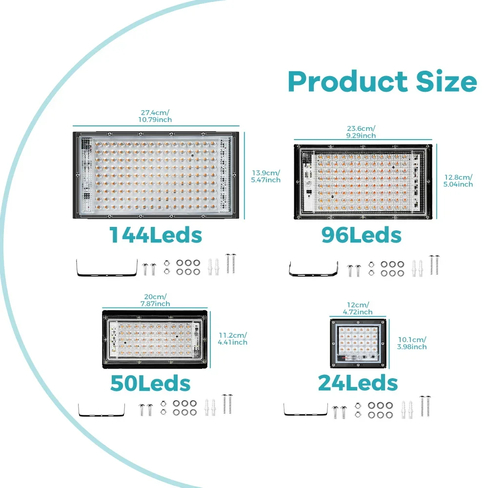 Luz de Cultivo LED de Espectro Completo, IP65, 25W, 50W, 100W, 200W, con Enchufe Europeo para Invernadero Interior