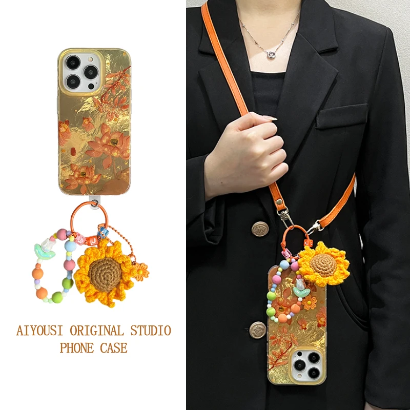 

Новый китайский национальный прилив, золотой кулон с цветком лотоса для Apple 16promax, чехол для телефона iphone 15pro, ремешок через плечо 14pro