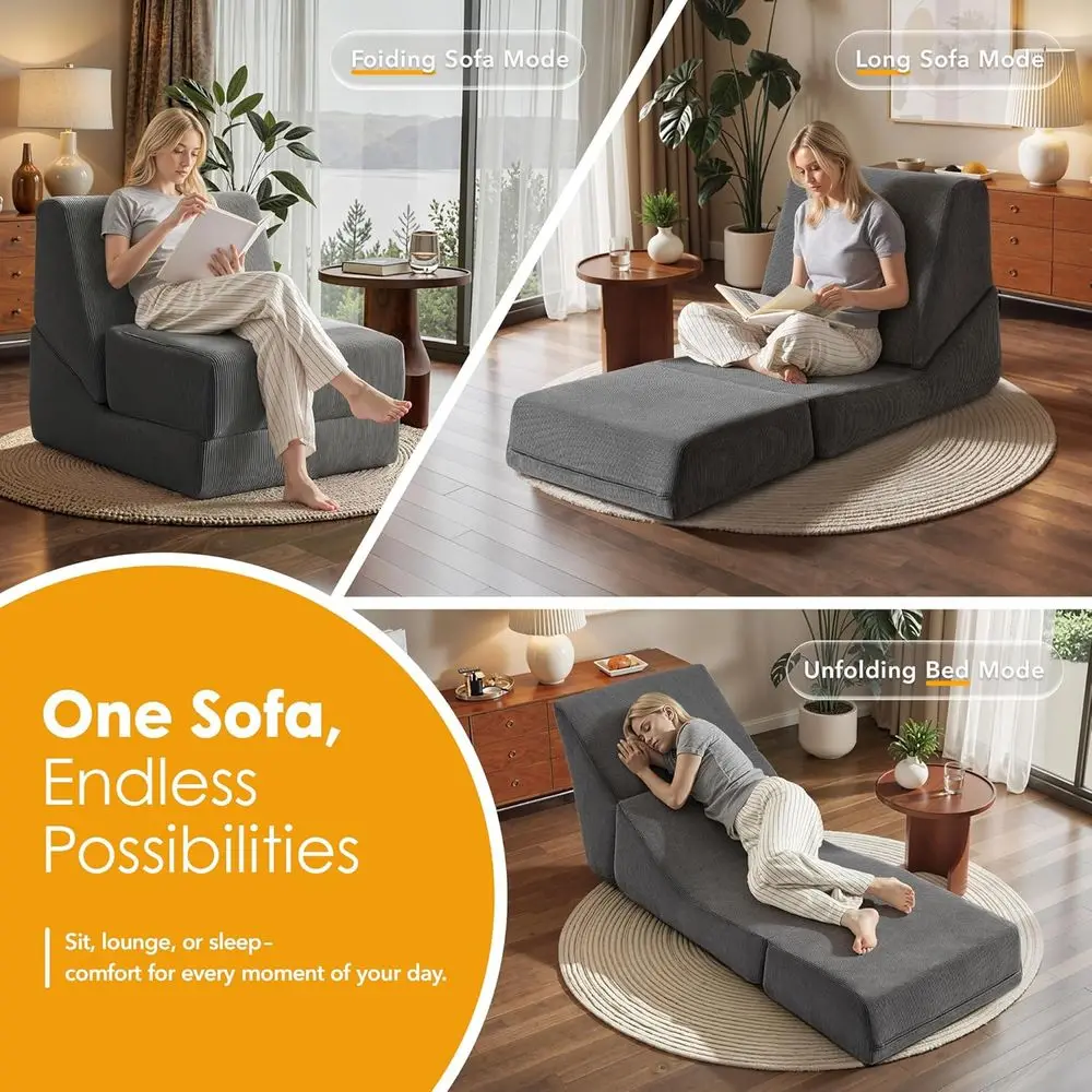 سرير أريكة سروال قصير رمادي قابل للطي، كرسي صالة متعدد الأغراض مع مسند ظهر للمساحات الصغيرة، مثالي للشقق والمساكن #3