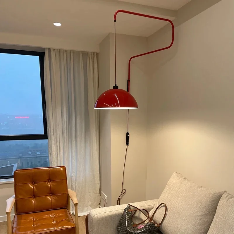 Retro Red Plug-in Wall Lamp Adjustable Swing Arm Dome Sconce 110V-220V E27 LED Wall Light Living Room Bedroom Study