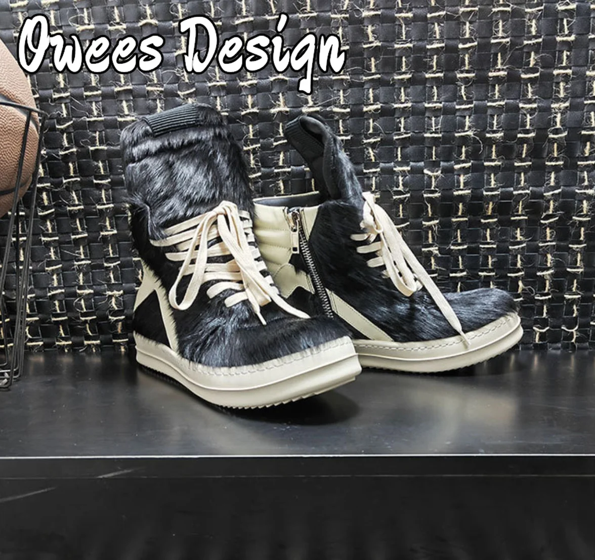 Owees Design Zipper Ankle Boots Men's Horsehair High-tops Sneakers Women Thick Soled Quality Leather Lace-up Fashion Shoes image 3
