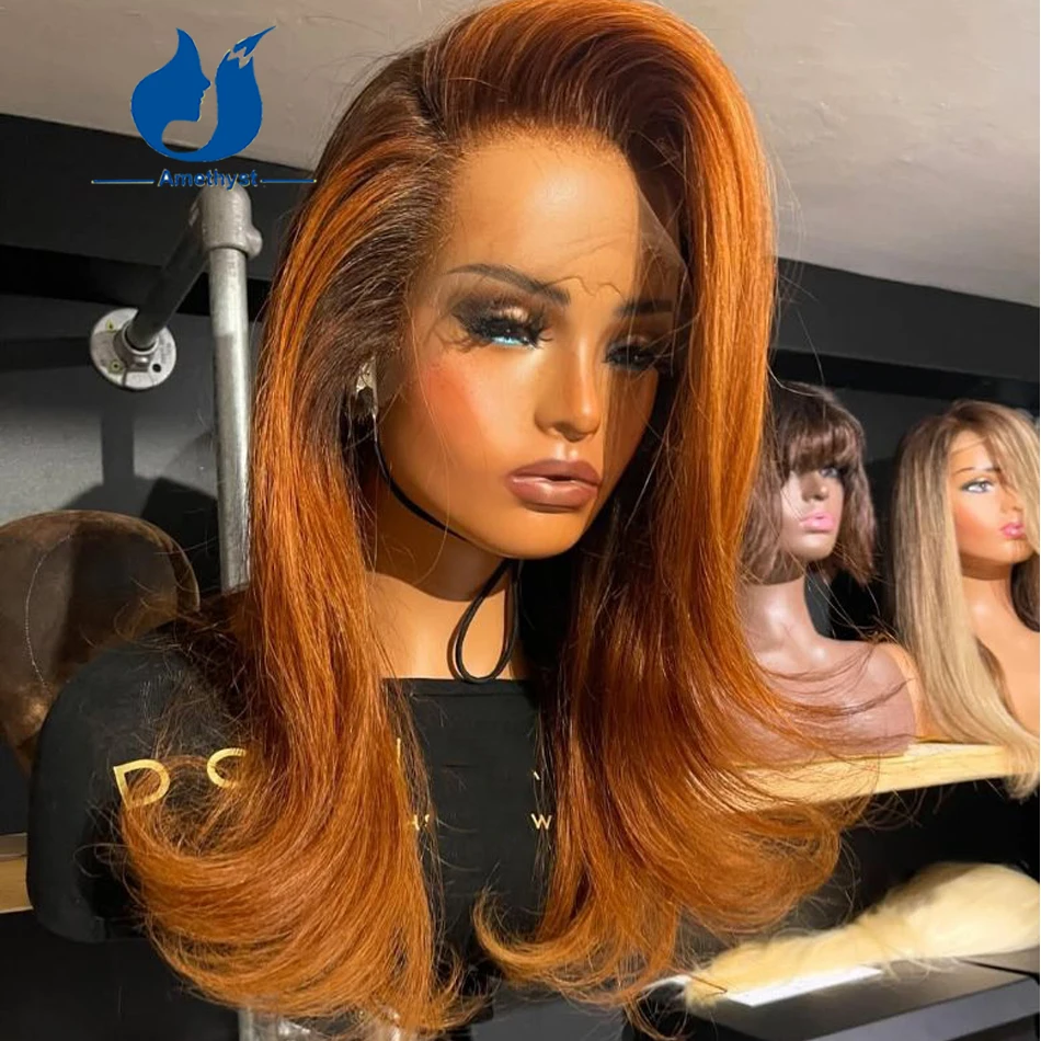 Ginger Orange Brown 13x6 Lace Front Human Hair Wig Wave with Dark Root Brazilian Remy Hair Bleached Ombre Pre Plucked for Women