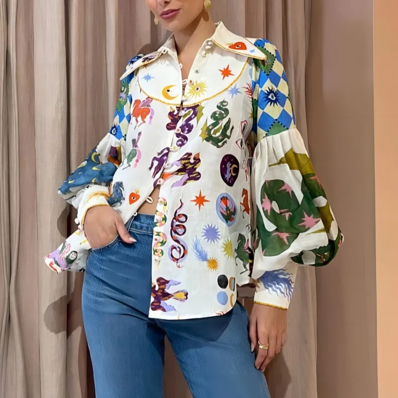 

Graffiti Linen Collar Lantern Sleeve Cardigan Shirt Women's Clothing Leisure Fashionc Daily Commuting Loose And Comfortable Tops