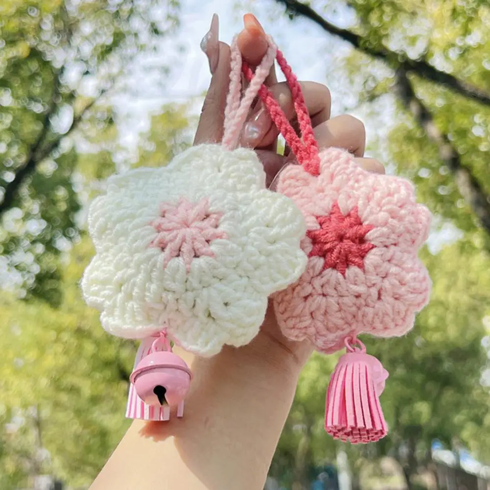 Car Hanging Pink White Sakura with Bell Tassels Crochet Flower Car Rear View Mirror Hanging Cherry Blossom Ornament Accessories