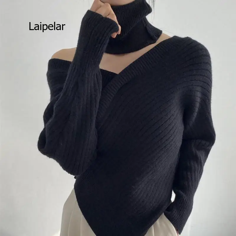 

Women's Long Sleeve Knitted Sweater Sexy Clothing Off-the-shoulder Sweater with Bib 2022 Fall Winter Series