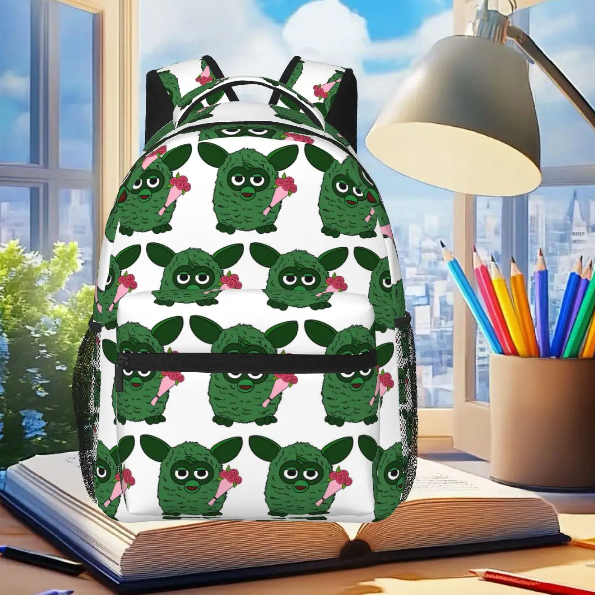 

Forest Green Florist Furby Backpack Student Boys Girls BookBag Kids School Bag Computer Shoulder Bags for Men Women