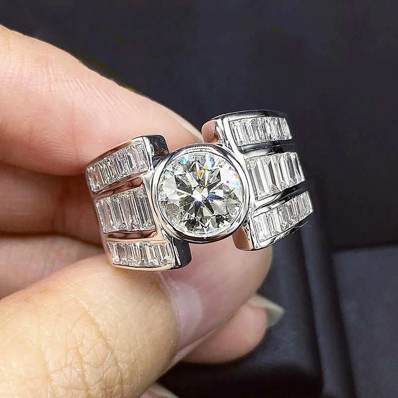 Huitan Geometric Cubic Zirconia Crystal Rings for Women Silver Color Gorgeous Wide Rings Wedding Party Modern Trendy Jewelry