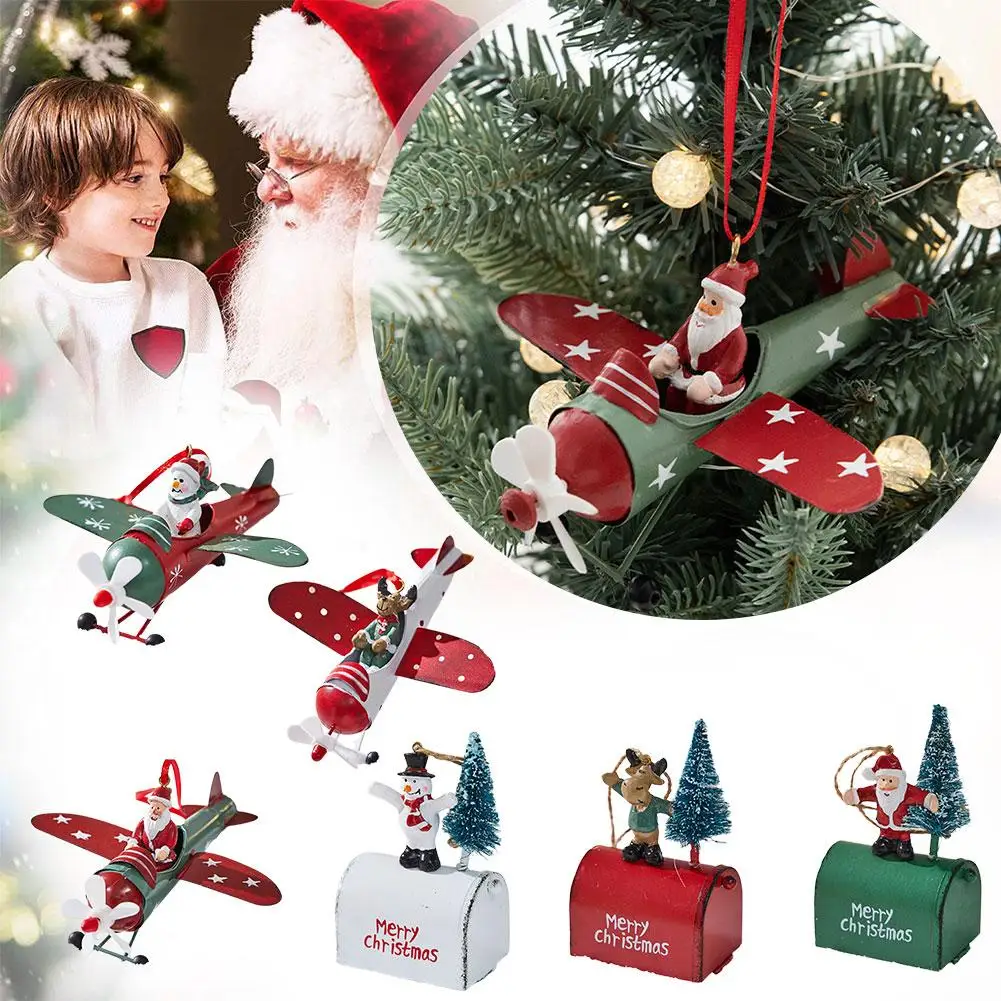 Retro Iron Christmas Pendant Antique Style Santa Claus Airplane Christmas Tree Hanging Decoration Ornaments Snowman Decorative