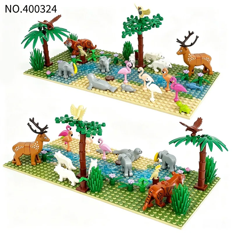 Animals Jungle 400324 Tigers, Elephants, Sika Deer, Seals Assembled Small Particles of Building Blocks Toys, Birthday Gifts.