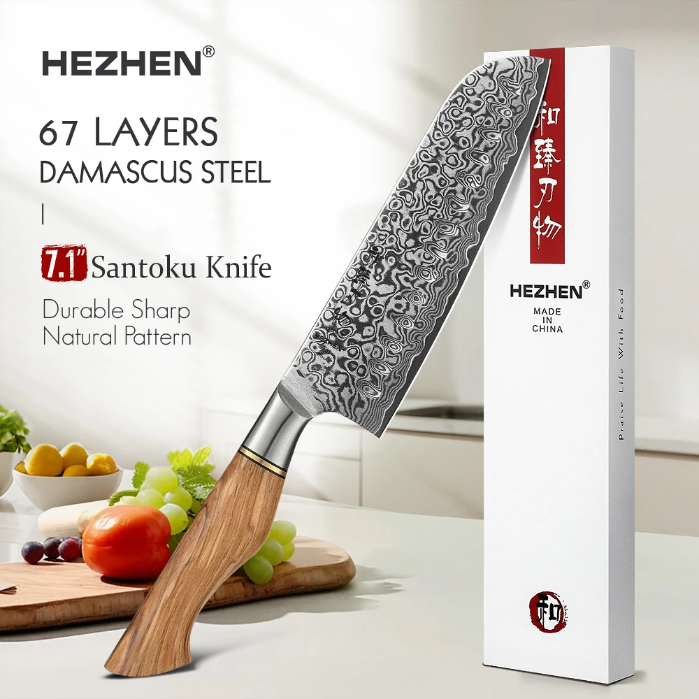 HEZHEN 7.1 Inch Santoku Knife 67 Layer Damascus Steel 10Cr15CoMoV Steel Core Cook Knife Olive Wood Handle Sharp Kitchen Tools