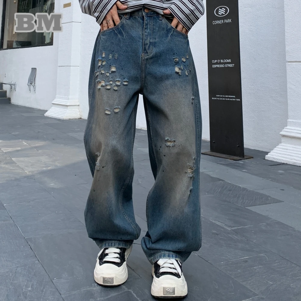 

Mens American Vintage Jeans Loose Fit Straight Leg Distressed Washed Denim Pants High Street Retro Casual Blue Ripped‌ Trousers
