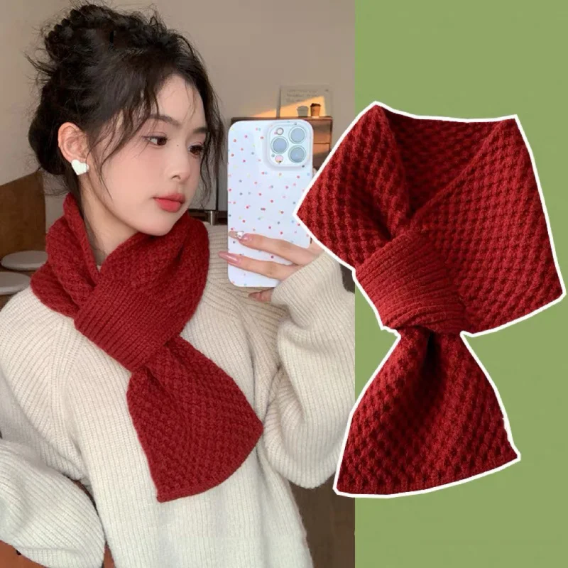 Knitted Small Scarf for Women Winter Trendy Lazy Neck Warmer Cross Korean Style Versatile Warm Solid Color Neck Protection