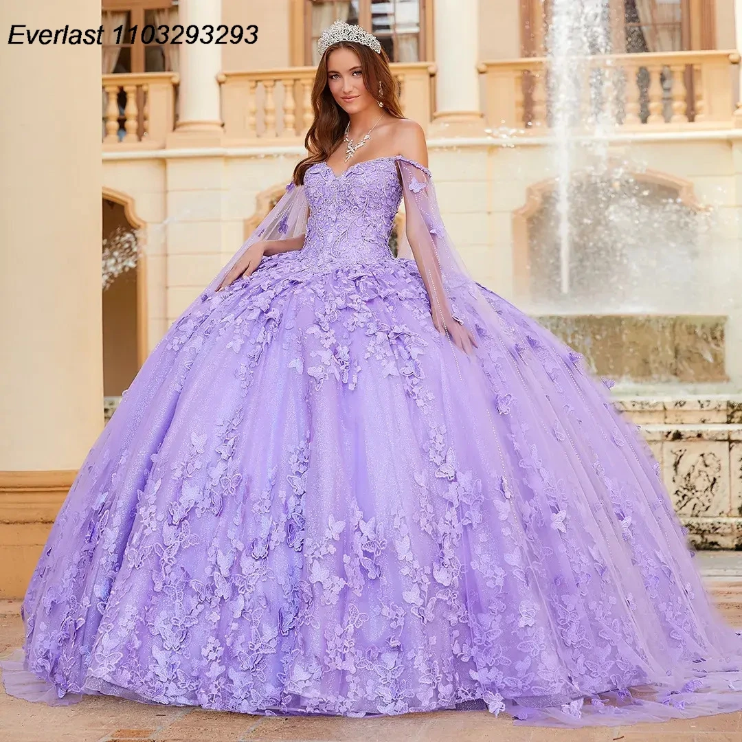 EVLAST Customized Lavender Lilac Quinceanera Dress Ball Gown 3D Floral Applique Beading Cape Sweet 16 Vestido 15 De Años TQD245