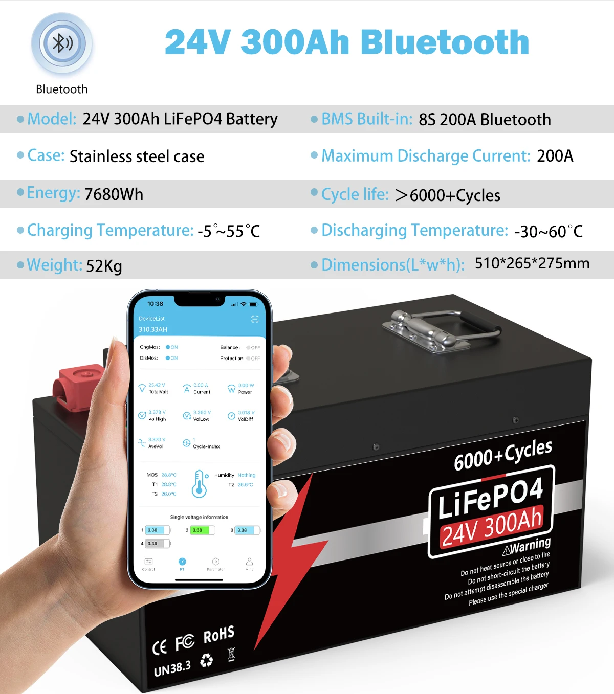 VEFEPO4-Batterie 48V, 3kW/5kW/10kW, 100Ah/200Ah, avec LilRS485 BMS 32 Parallèle pour Installation Solaire Hors Réseau, Garantie de 10 ans