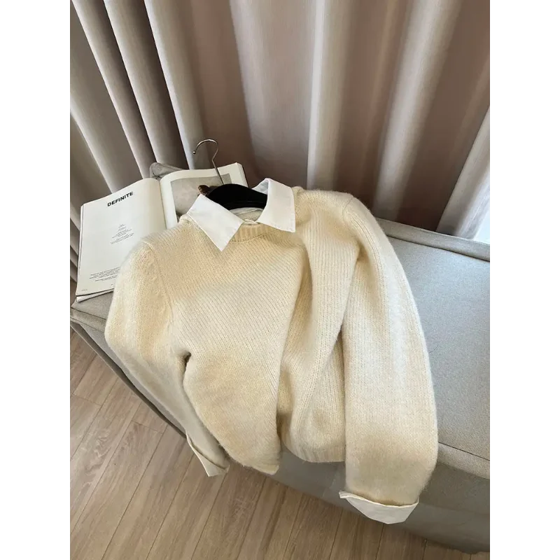 เสื้อสเวตเตอร์ถักไหมพรมสองชิ้น สไตล์ใหม่ คอตัดกัน สไตล์ลำลอง เสื้อสเวตเตอร์ถักไหมพรม