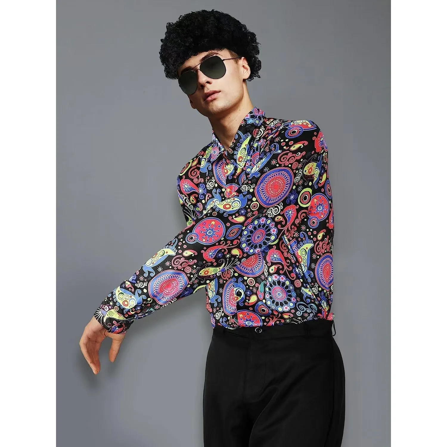 

Мужская одежда, костюм для дискотеки 70-х годов, рубашка с цветочным принтом, расклешенные брюки, комплект из двух предметов, комплект одежды для выступлений на сцене