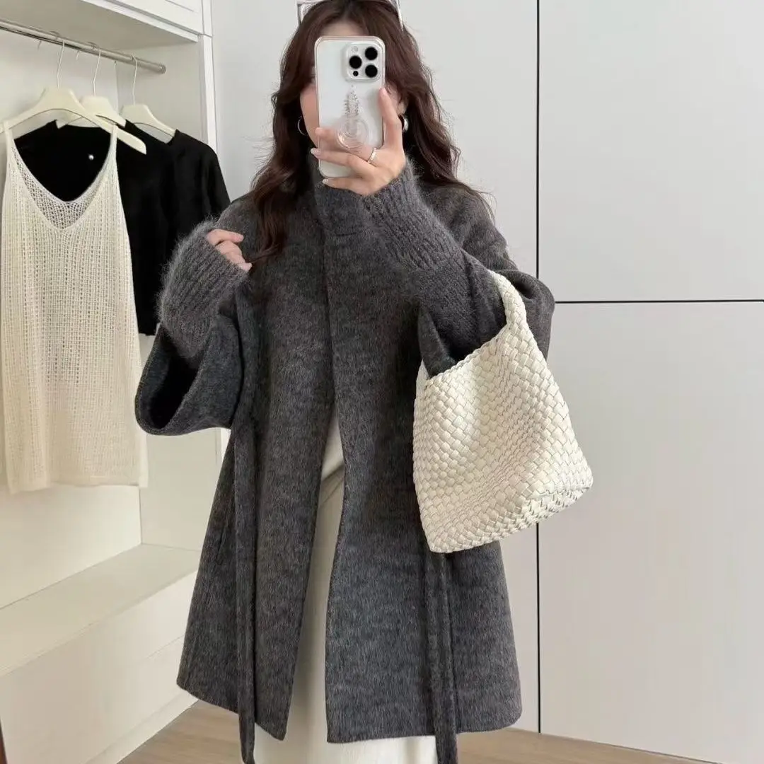 Stand Up Collar High-End Temperament Coat For Women In Winter 2025, New Double-Sided Wool Loose Lace Up Coat
