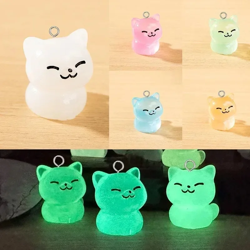 10Pcs Kawaii Miniature Cat Pendants Luminous 3D Kitty Resin Charms Handcraft Supplies for DIY Earrings & Keychains