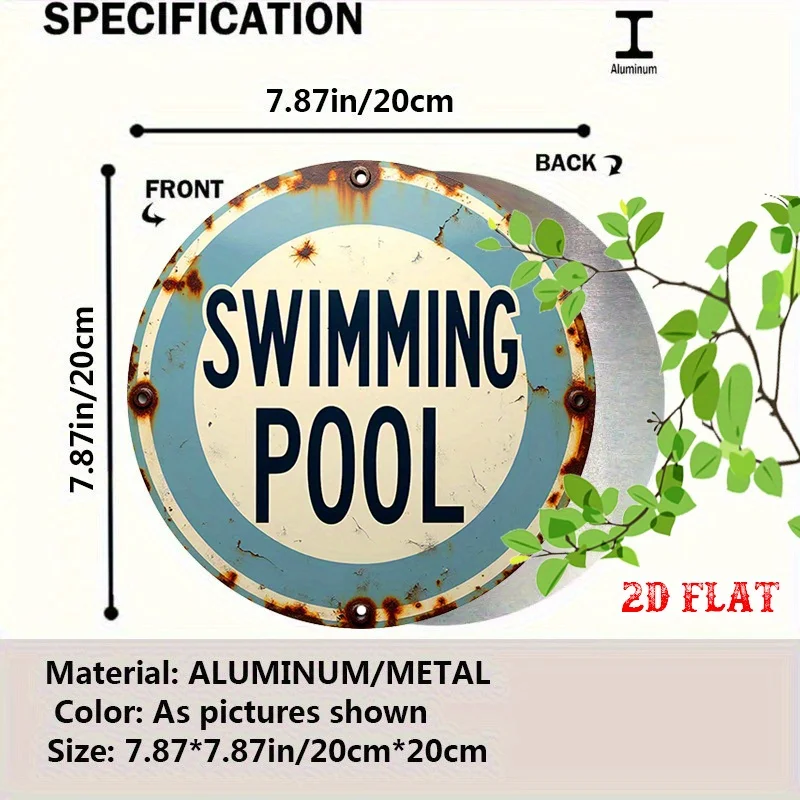 2D Flat - Vintage Round Aluminum Sign in 2D Flat Design, Suitable for Outdoor Use - Rustic Metal Wall Art for Pool Areas, Swimmi