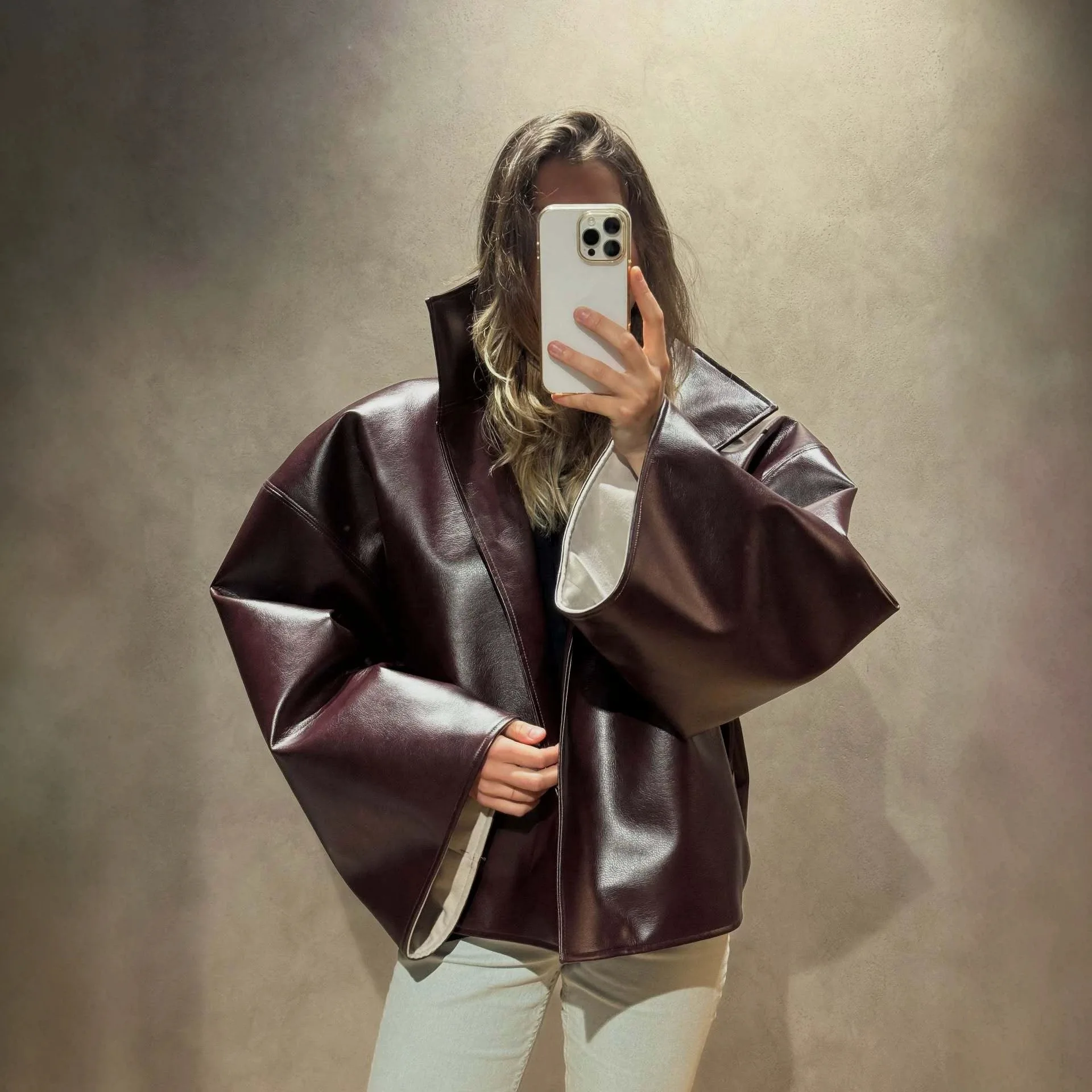 Women Oversized Faux Leather Jacket Wide Flare Sleeve Stand Collar Open Front Loose Vintage PU Coat