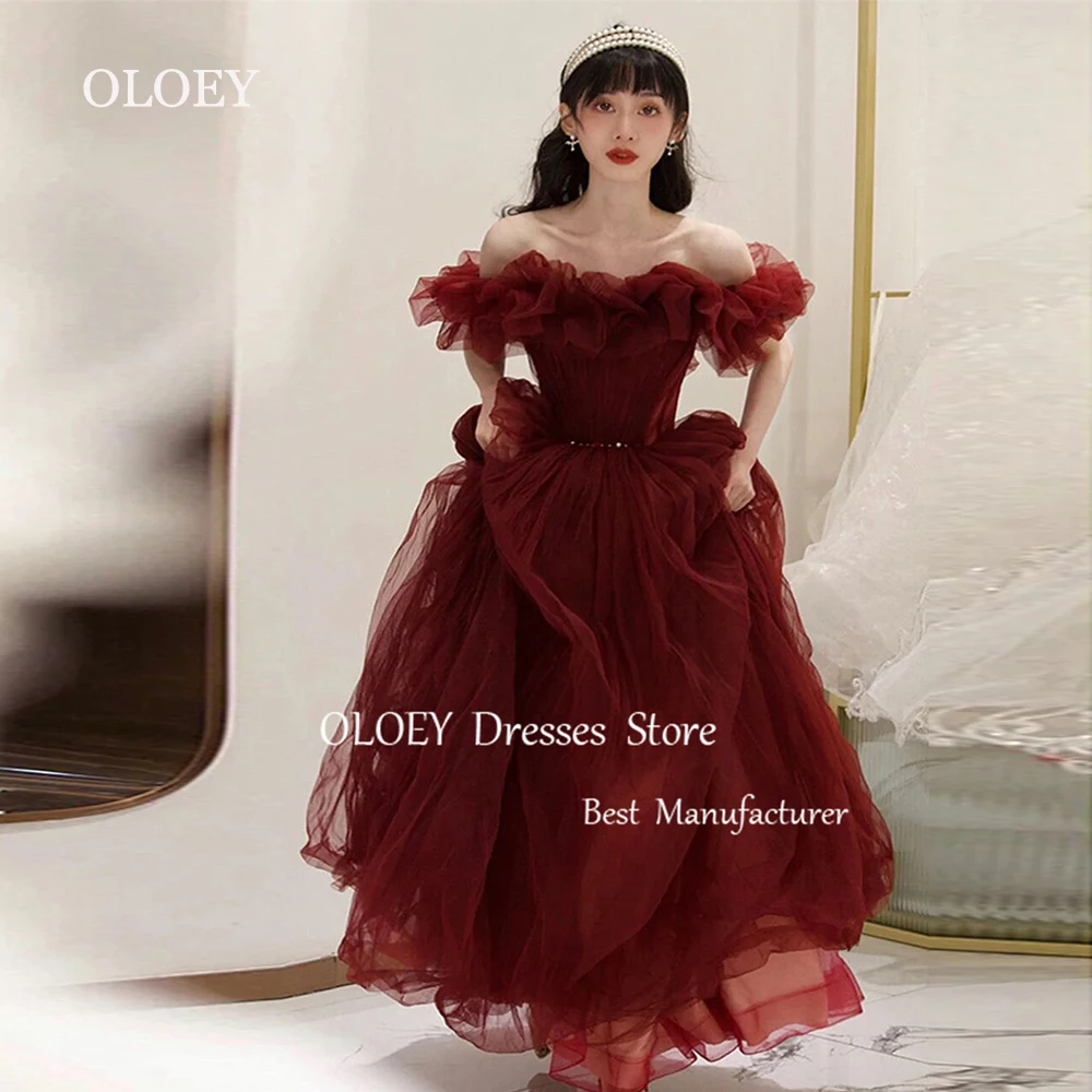 

OLOEY Wine Red A Line Prom Dress Korea Wedding Phothshoot Off Shoulder Long Bridal Gown Pleats Soft Tulle Floor Length Custom