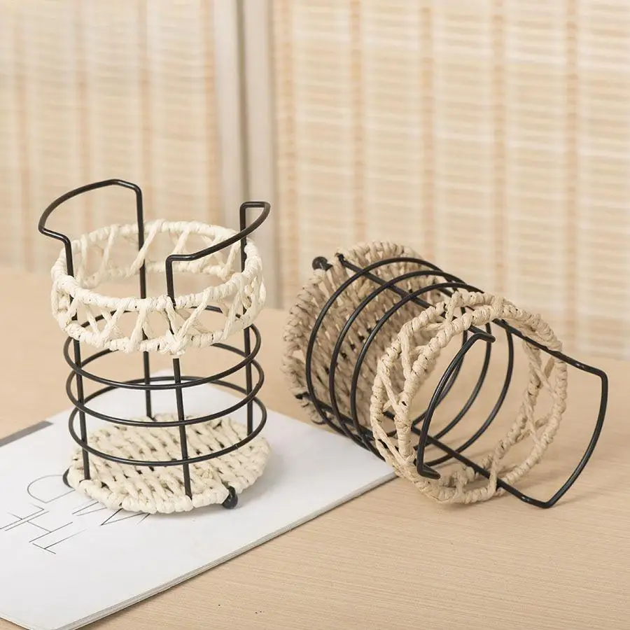 

European Minimalist Desktop Wrought Iron Storage Bucket Hand-woven Desk Creative Pen Holder Personalized Finishing Storage Tool