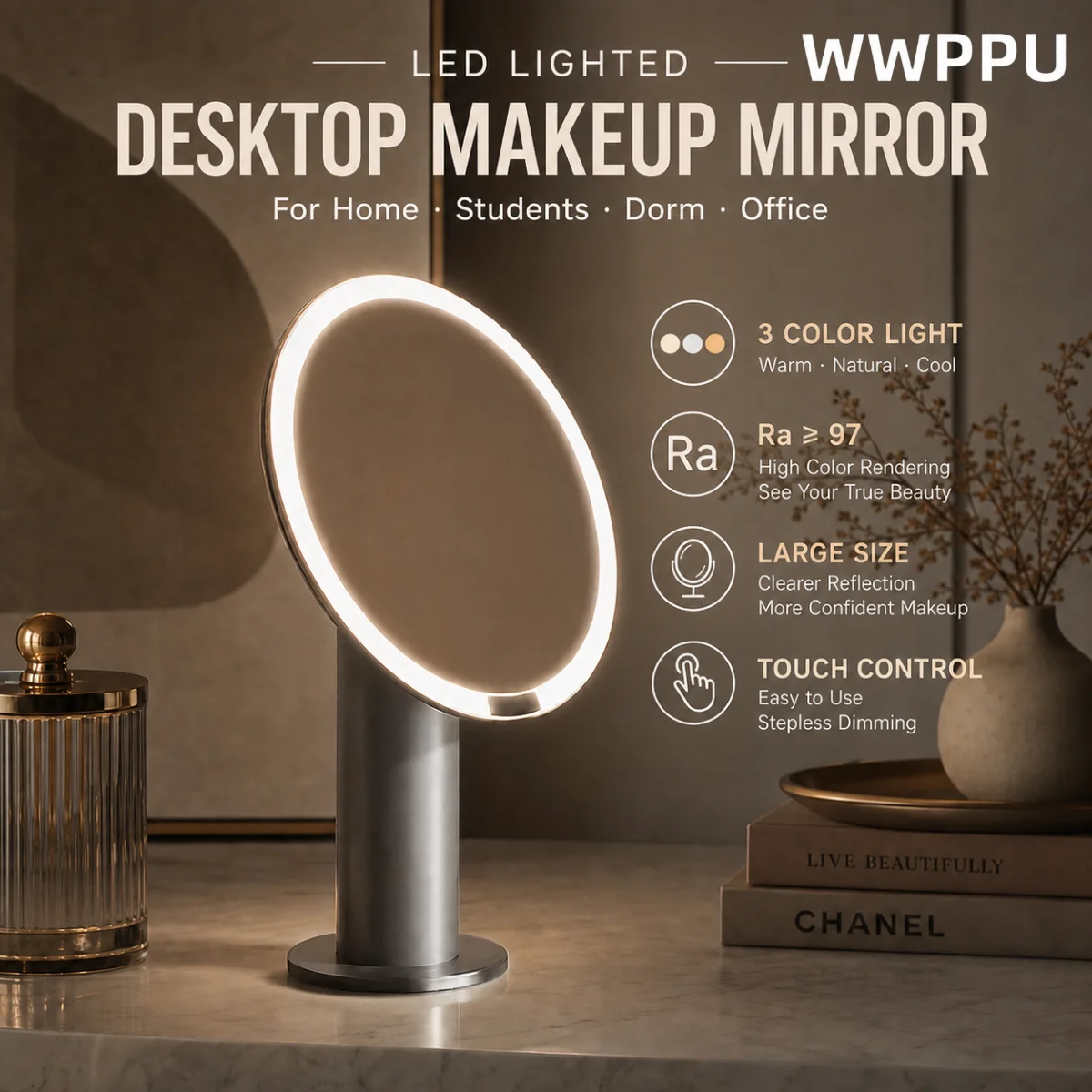 WWPPU Ra97 LED Makeup Mirror Stepless Dimmable 4800mAh Type-C Rechargeable Vanity Mirror Brightness Memory Bedside Desk Lamp