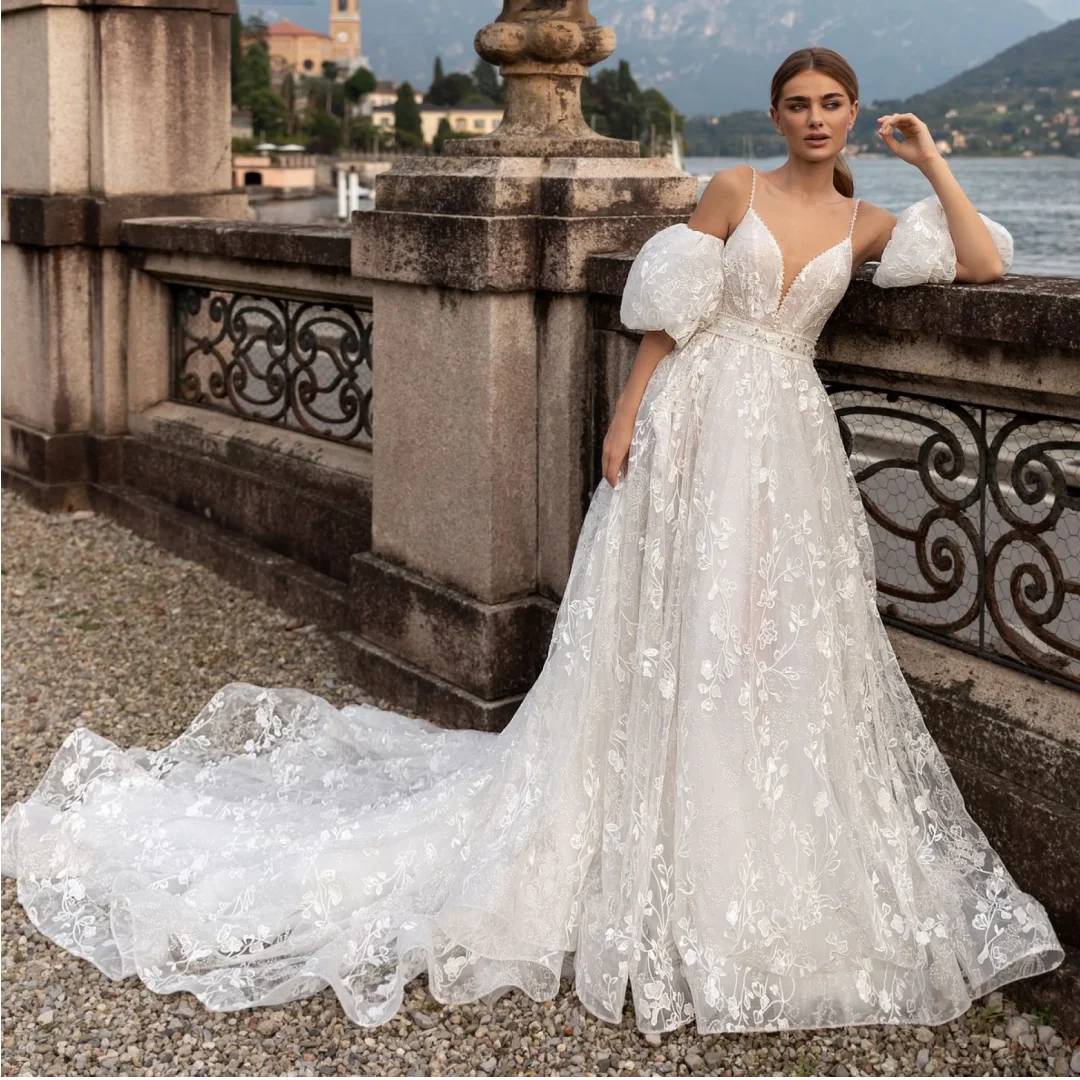 

Boho Lace Wedding Dresses for Brides Spaghetti Straps vestidos de novia Formal Evening Dress Customized Luxury robe de mariée