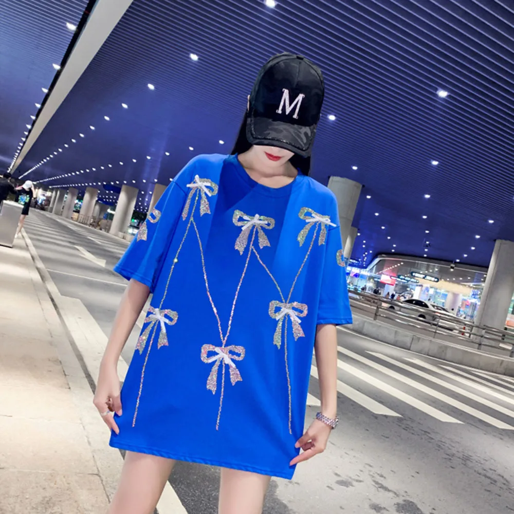 2022 Summer Fashion Streetwear Rhinestone Bow T-Shirt Women Casual Loose Tees Lady Tops S-4XL 40-150KG