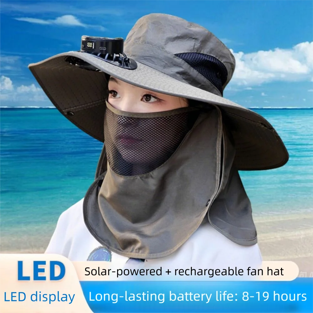 

Digital Display Screen Sun Hat with Solar Fan Breathable Mesh Neck Protection Wide Brim Visor Cap Foldable 5 Modes