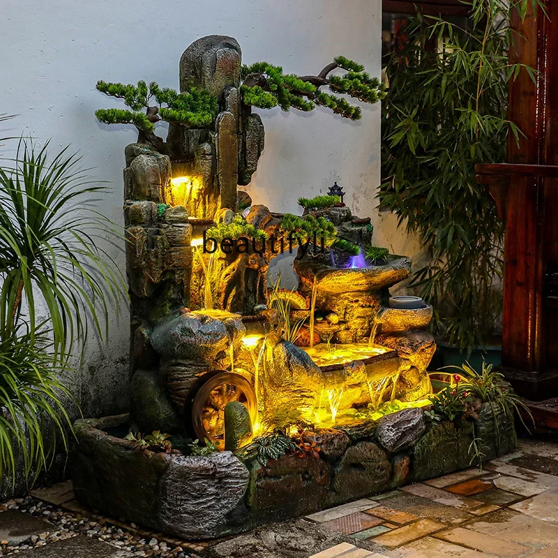 Rockery, flowing water, feng shui wheel to attract wealth, large fountain, fish pond, courtyard floor decoration ornament