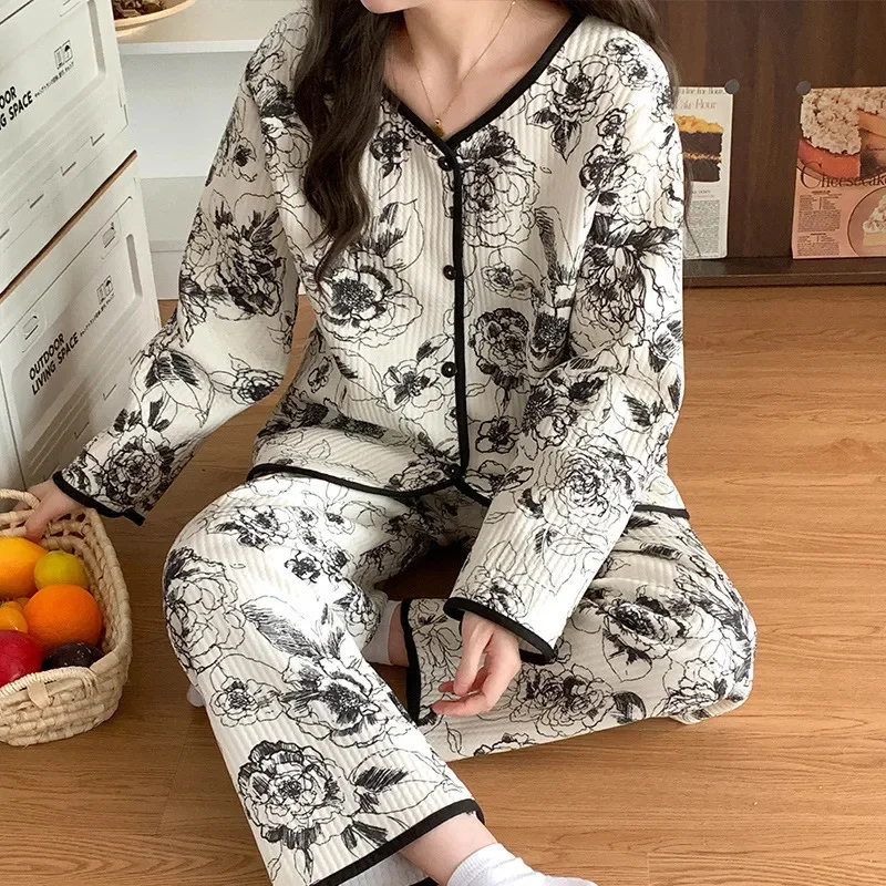 Bear Flower Print Pajamas Y2K Cardigan Princess Air Cotton Sandwich Pajamas Girls Cute Sweet Warm Loose Home Wear Set Hair New